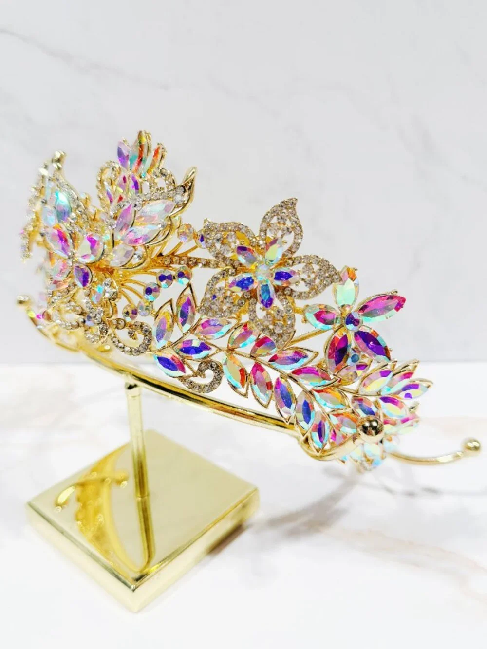 AB Crystal Butterfly Tiara Crown Gold Tone Pageant Prom Wedding Headpiece
